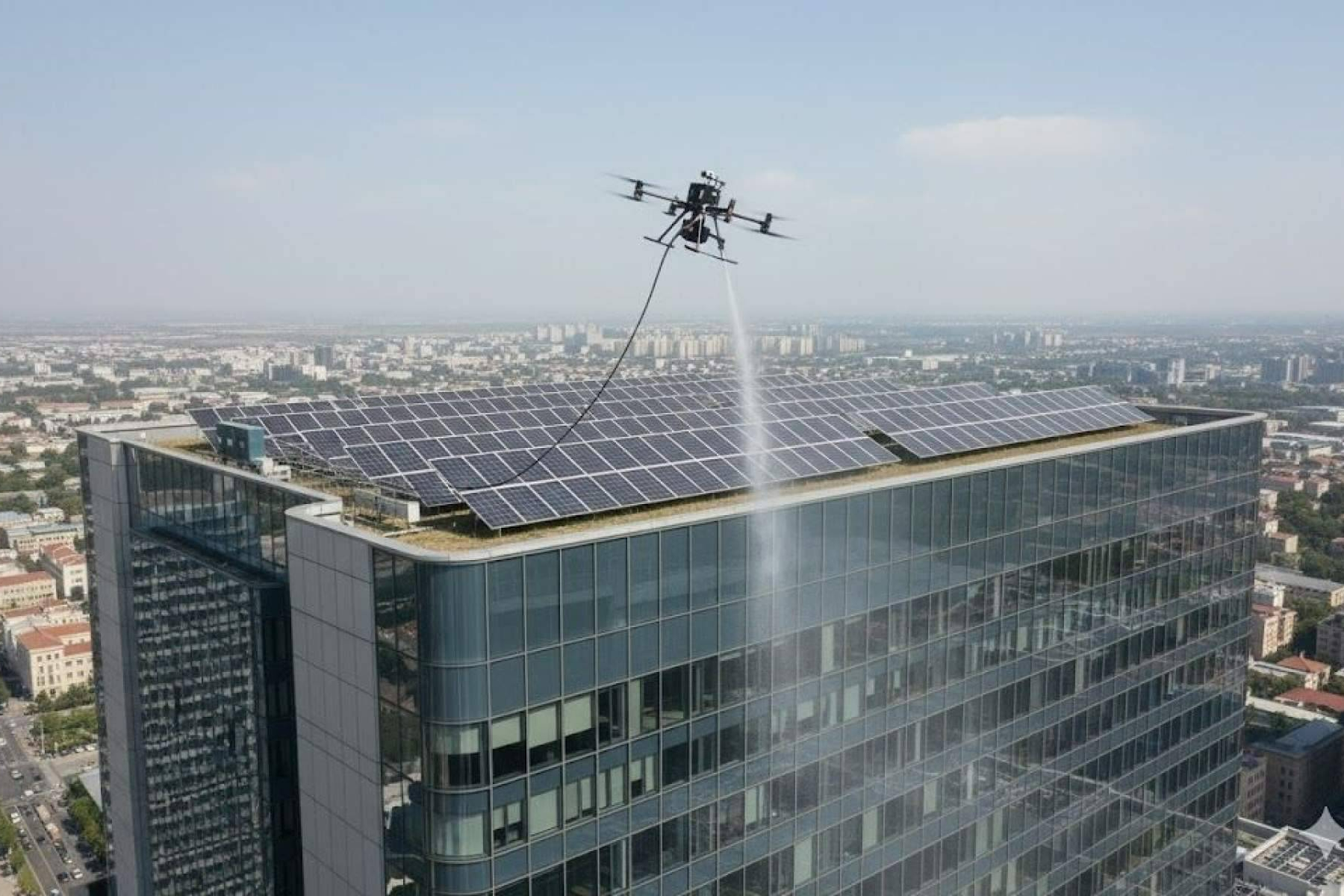 Fachadas y placas solares limpias desde el aire, Galvañ Lacados introduce la limpieza con drones